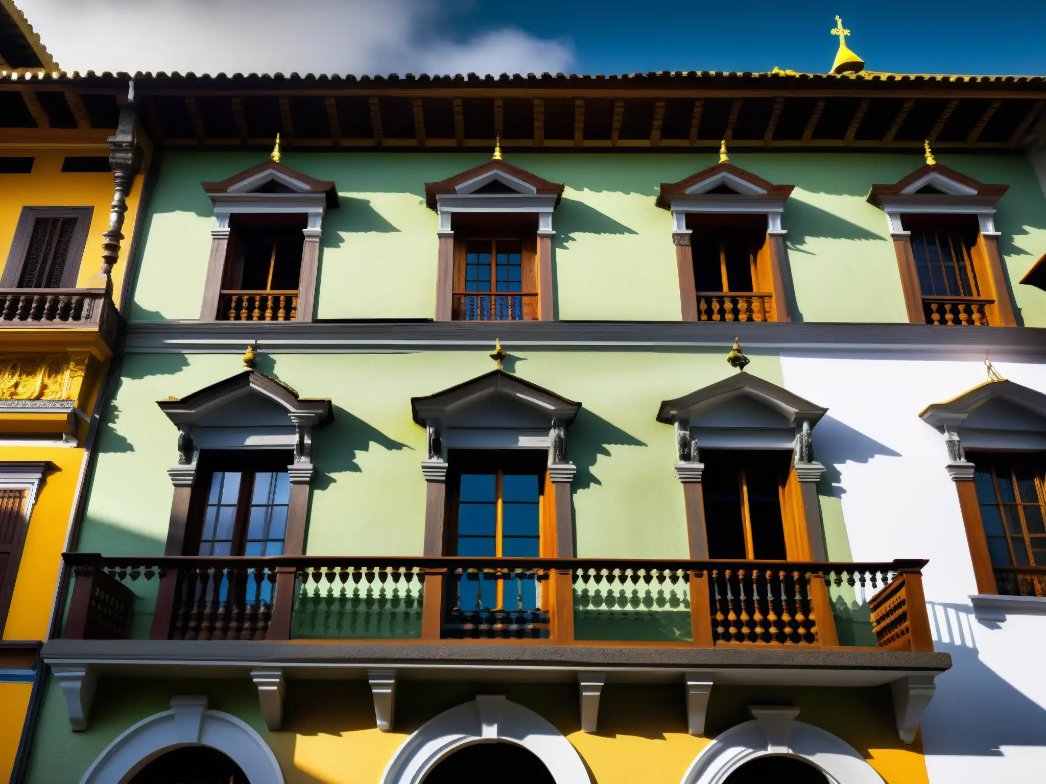 Detalle arquitectónico de La Casa de los Espejos en Quito, mostrando su atmósfera fantasmagórica con juego de luces y sombras