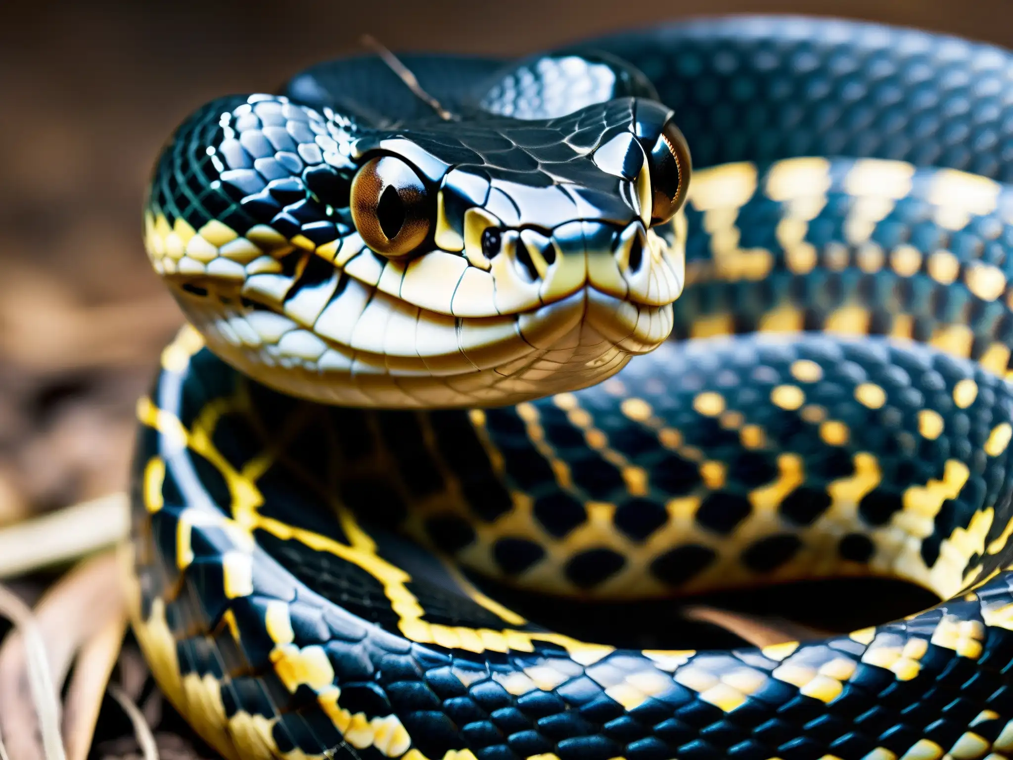 Detalle asombroso de una majestuosa Cobra Real, con sus escamas hipnóticas en tonos de oliva y marrón