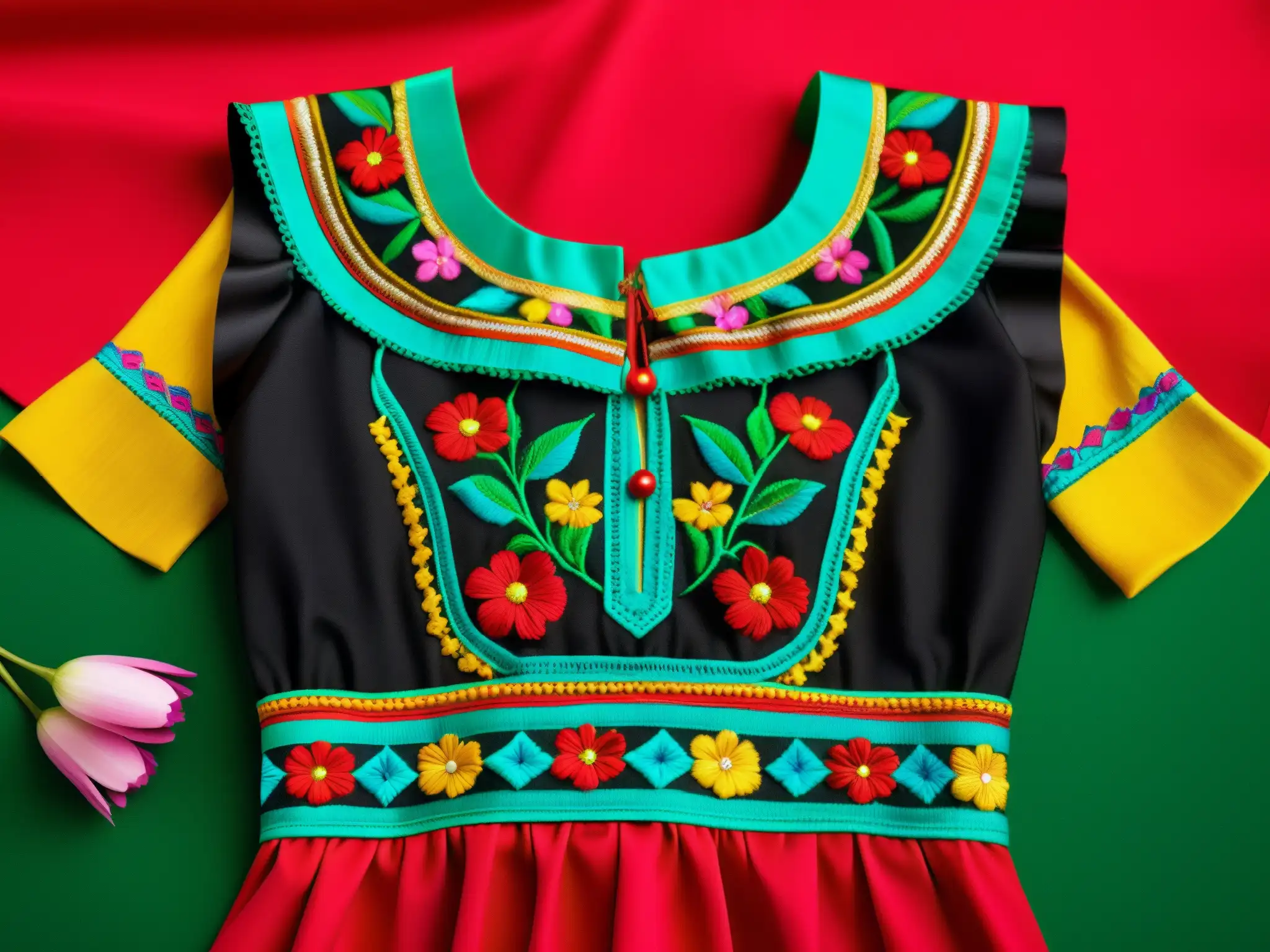 Detalle del bordado y colores vibrantes del vestido tradicional China Poblana, reflejando su origen y evolución cultural en México