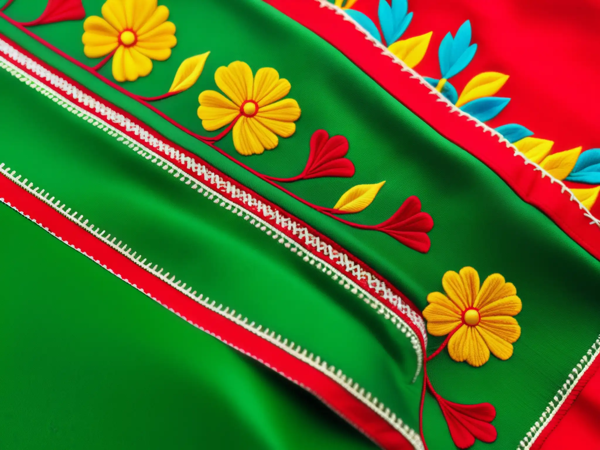 Detalle de bordado en vestido China Poblana, resaltando colores vibrantes y significado cultural