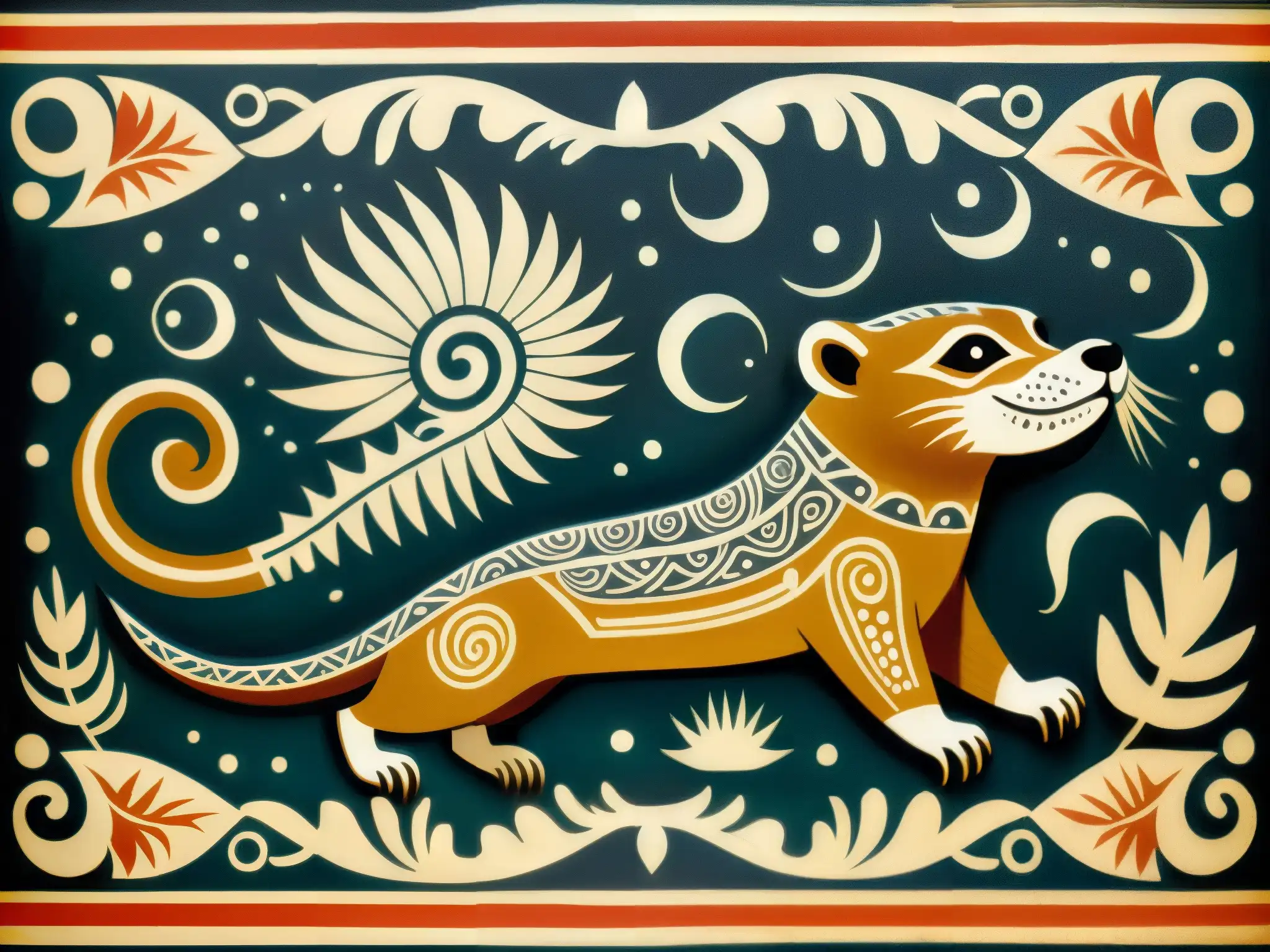 Detalle 8k de un codex prehispánico del Ahuizotl, criatura acuática, con colores vibrantes y patrones detallados, evocando misterio y asombro