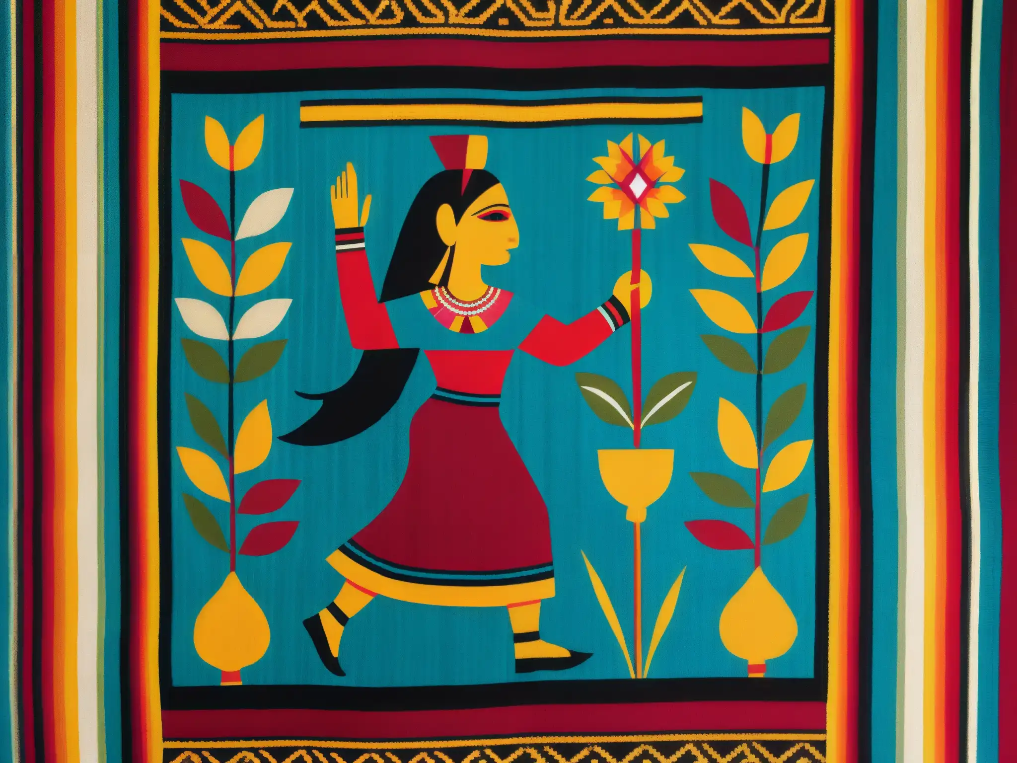 Detalle colorido de textil andino representa a Pachamama, deidad Andina de la tierra y fertilidad, con símbolos de abundancia y belleza natural