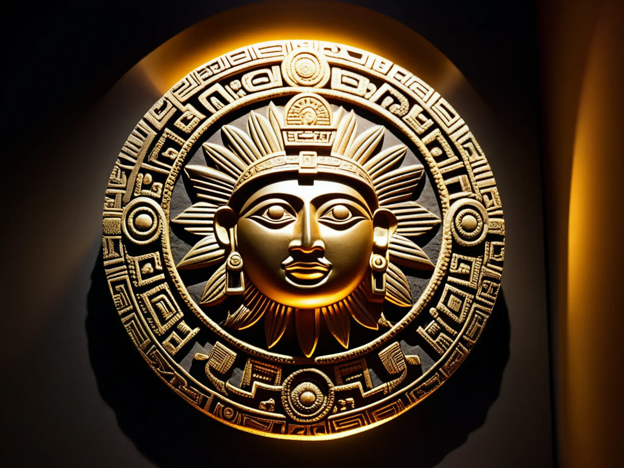 Detalle dorado de la Piedra del Sol en museo