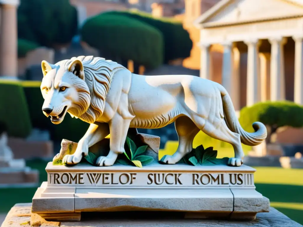 Detalle de la escultura de la Reina Loba amamantando a Romulo y Remo en el antiguo Foro Romano, evocando la magia de la Roma antigua