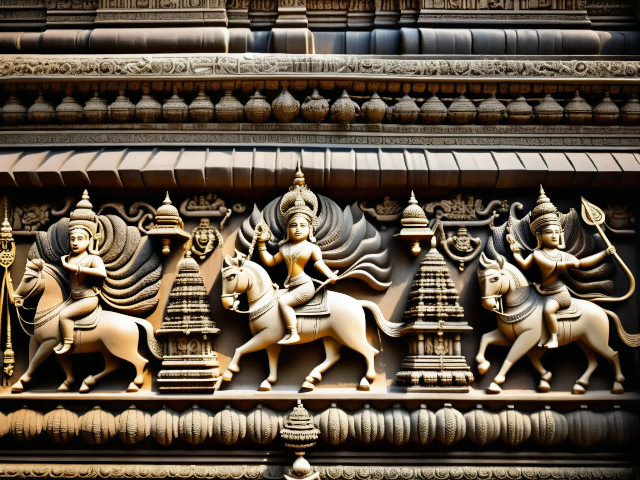 Detalle de las esculturas en el antiguo Templo Padmanabhaswamy, mostrando su rica historia y misticismo