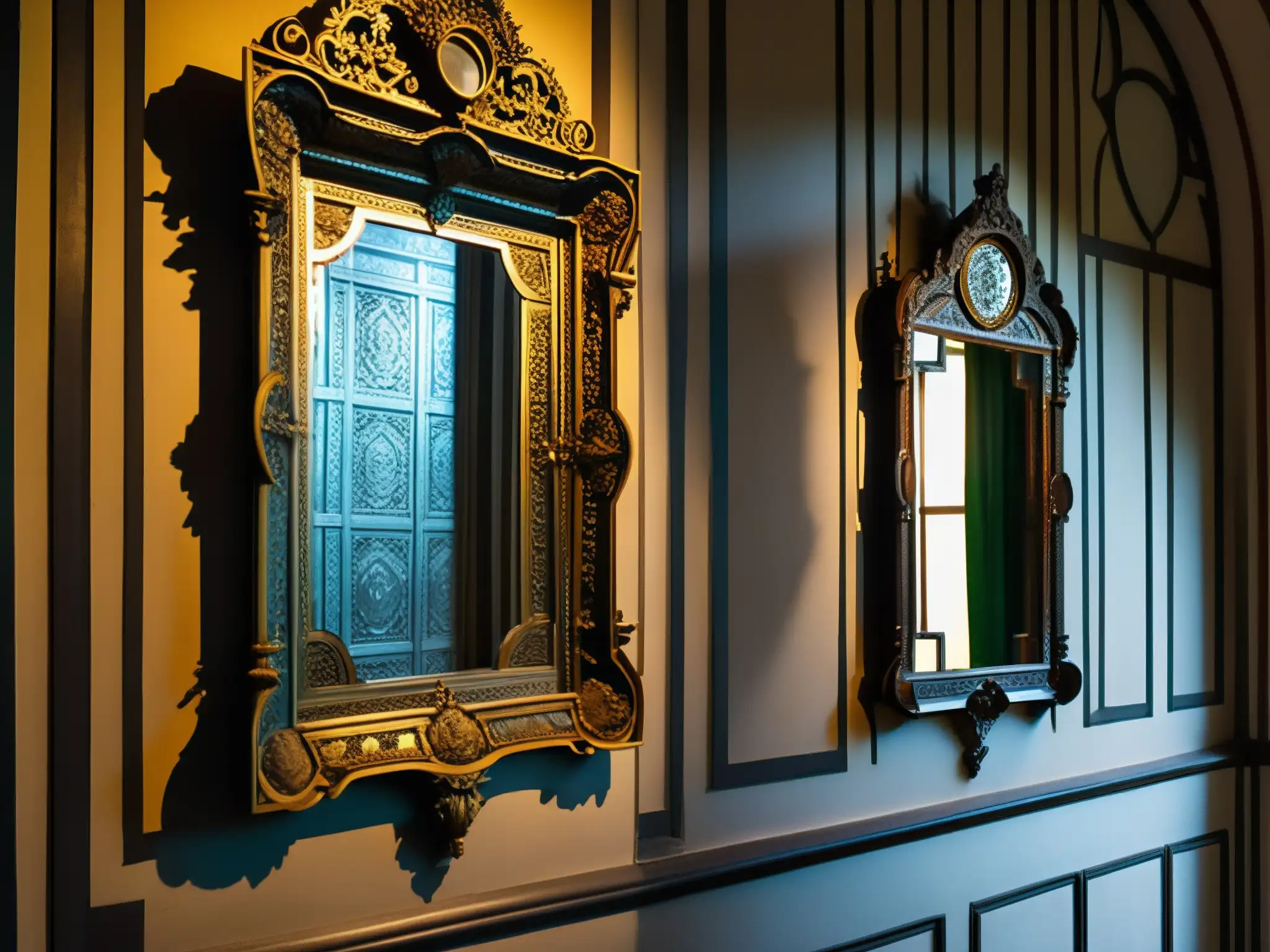 Detalle de los espejos antiguos en La Casa de los Espejos de Quito, evocando el encanto histórico y la enigmática atracción de la mansión encantada