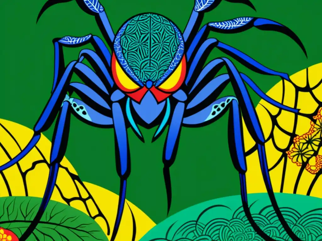 Detalle de grabado japonés de los espíritus araña Tsuchigumo en un bosque exuberante, con colores vibrantes y misterio antiguo