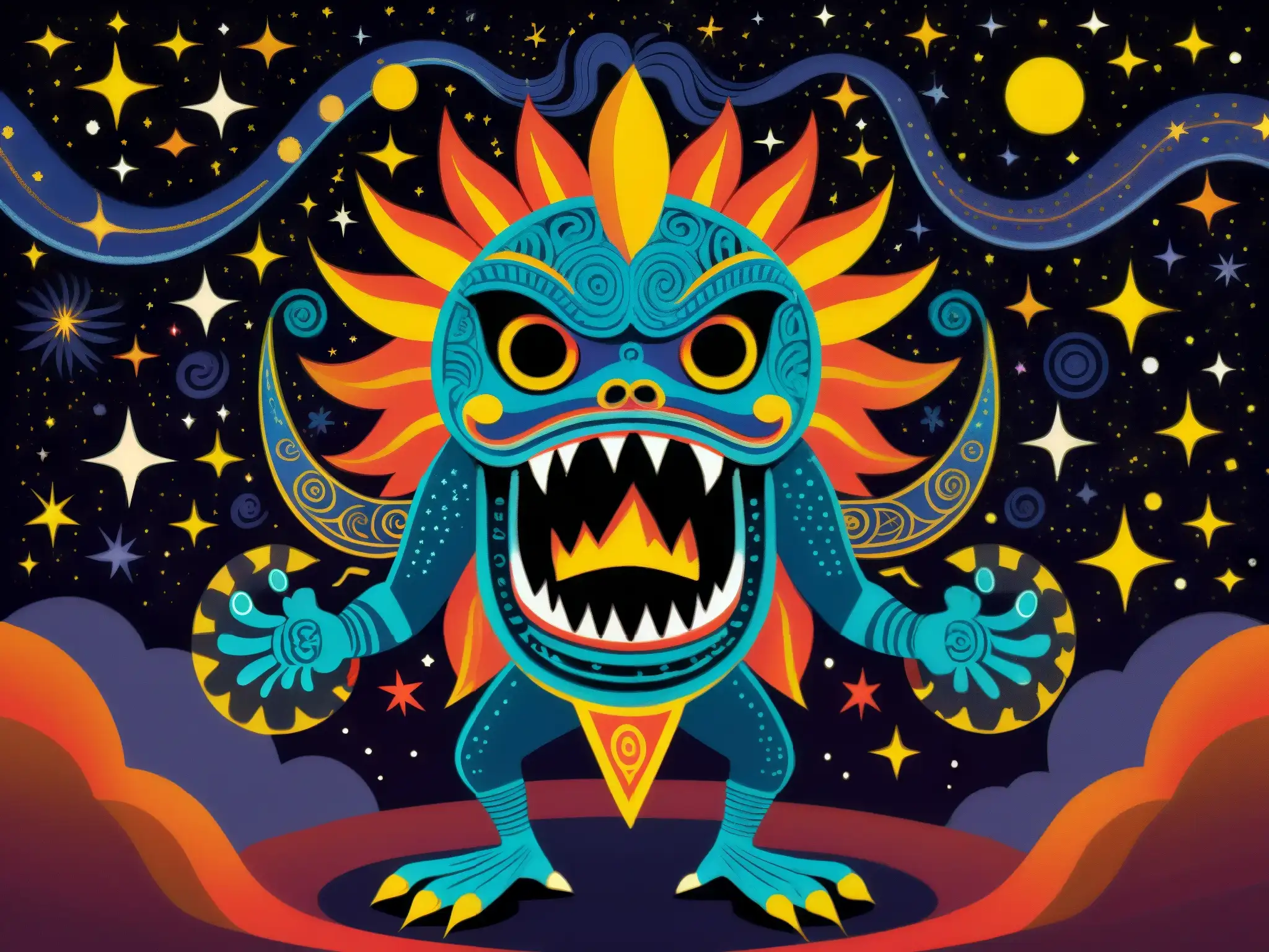 Detalle ilustrado del Tzitzimime, terror cósmico azteca, rodeado de estrellas y figuras humanas, emanando poder y miedo