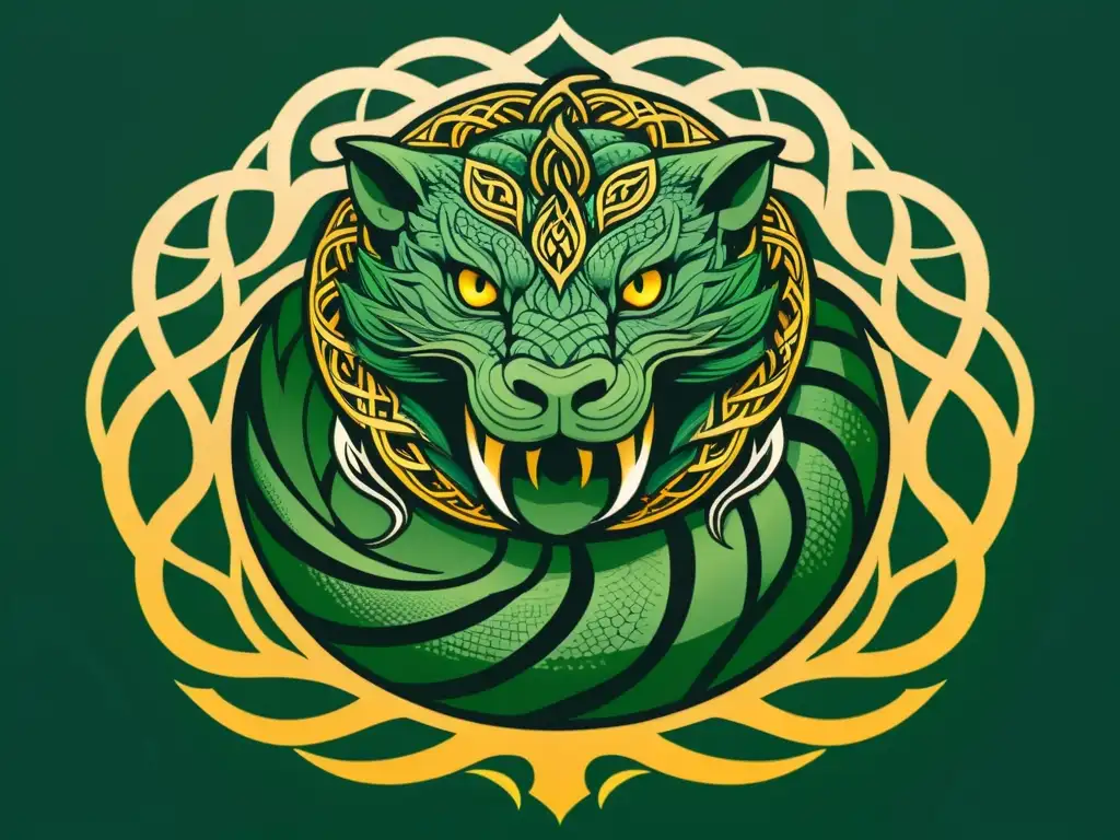 Detalle ilustrado de Jormungandr, serpiente del mundo, enredada alrededor de Yggdrasil, el árbol del mundo, con escamas en tonos verdes y dorados
