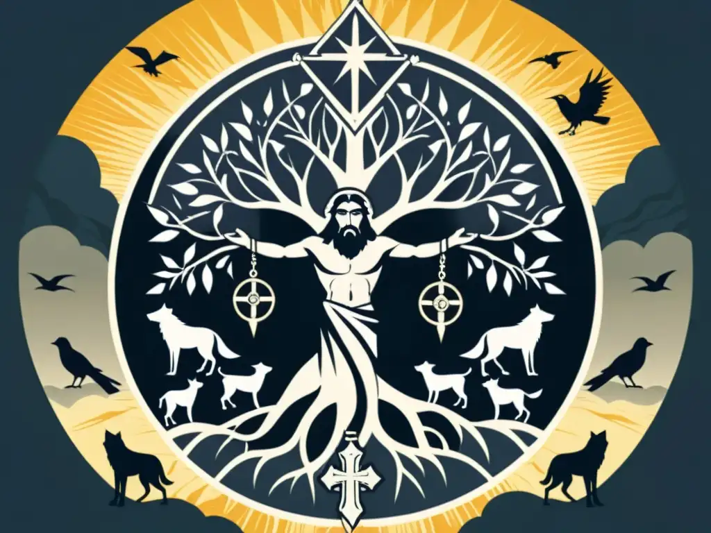 Detalle ilustrado de Odin en Yggdrasil junto a Jesús en la cruz, evocando paralelismos entre mitología nórdica y cristianismo