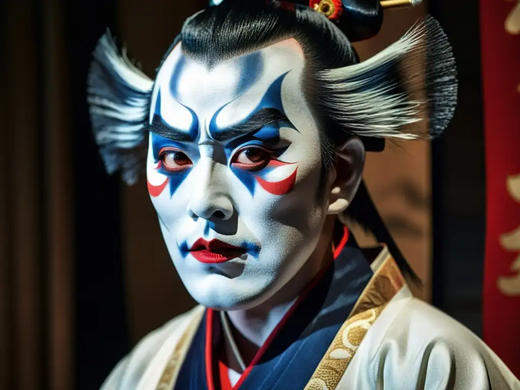 Detalle impactante del actor de kabuki encarnando el espíritu vengativo de Oiwa, con maquillaje elaborado y expresión amenazante