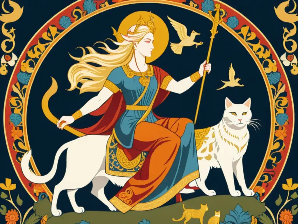 Detalle impresionante de la diosa Freya en su carro tirado por gatos, en una antigua y vibrante tapicería nórdica de amor y guerra