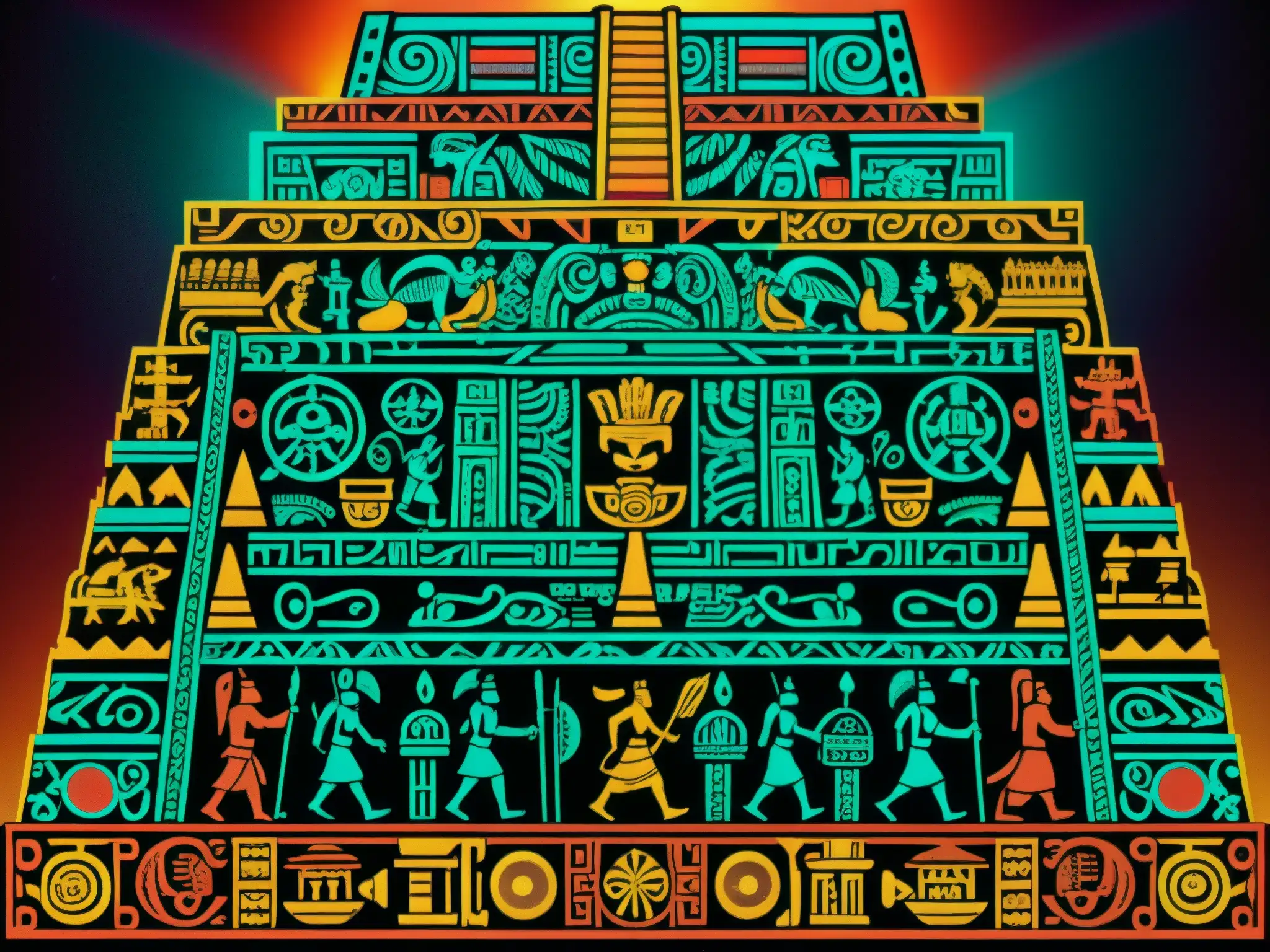 Detalle de la impresionante representación azteca del Mictlán, el inframundo en la mitología azteca, con intrincados grabados y colores vibrantes