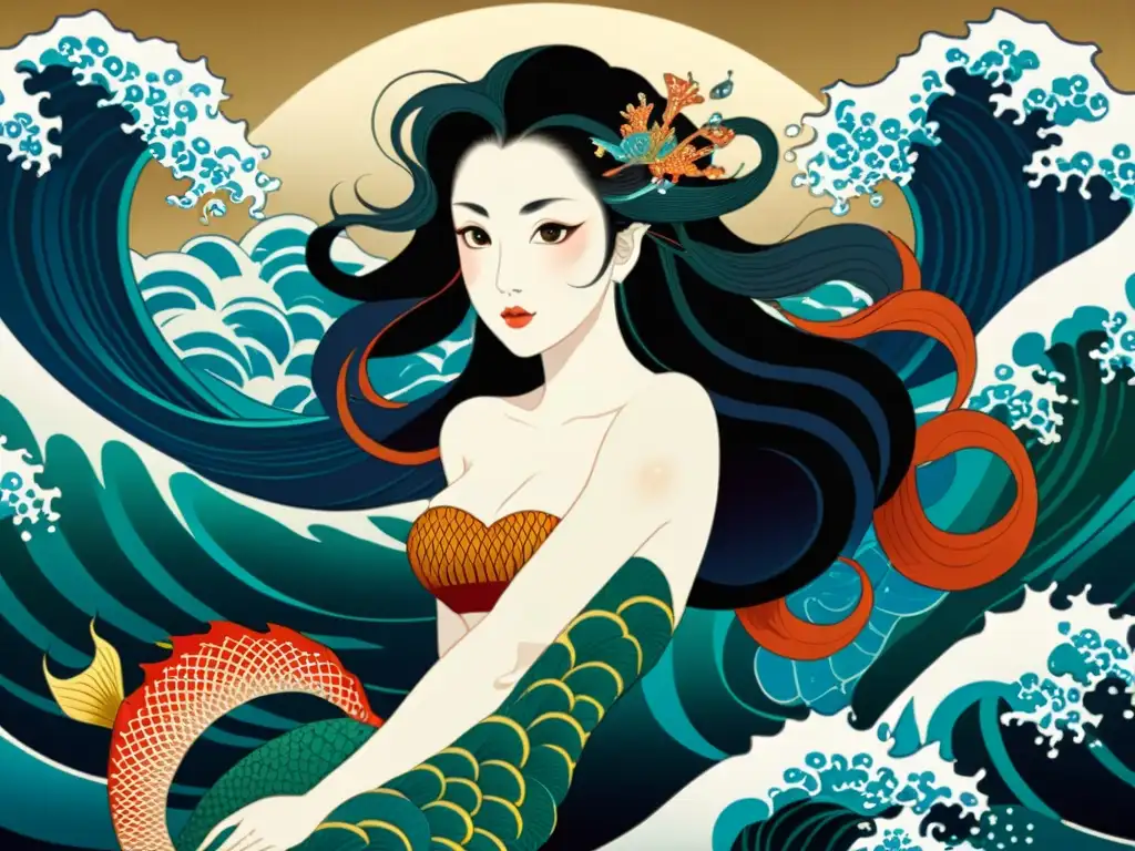 Detalle impresionante de una pintura japonesa tradicional que representa a una Ningyo, rodeada de criaturas marinas y patrones vibrantes