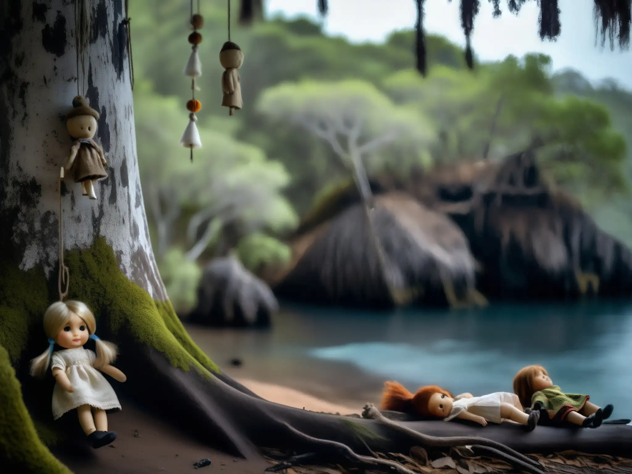 Detalle inquietante de las muñecas desgastadas en la Isla de las Muñecas, evocando la misteriosa historia del lugar