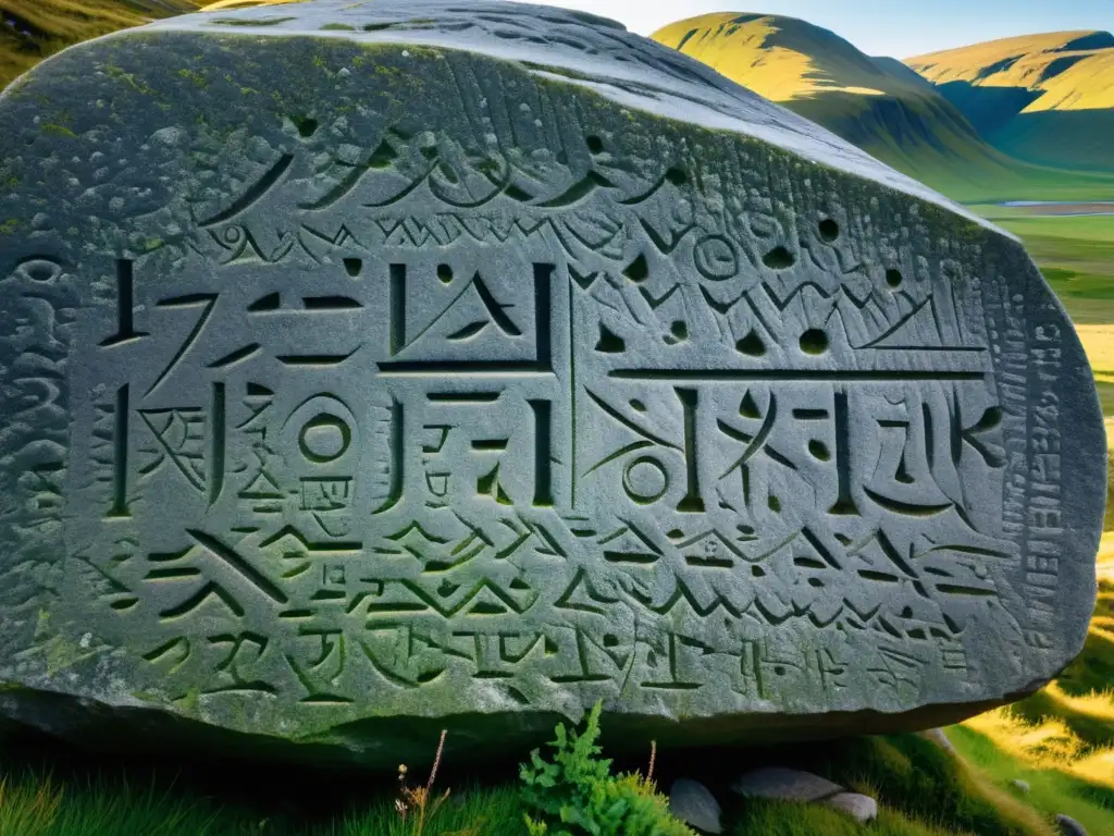 Detalle de las inscripciones rúnicas en la antigua Piedra de Rök, mostrando su enigmática naturaleza y el paisaje histórico