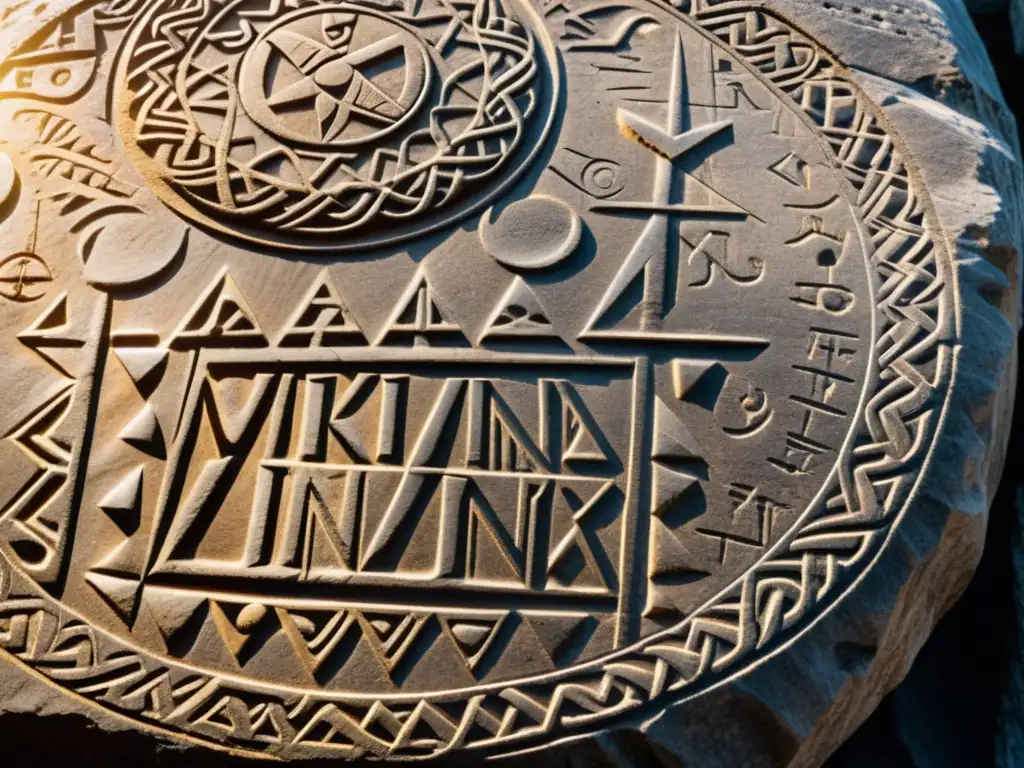 Detalle de inscripciones rúnicas vikingas en piedra, con sombras y textura erosionada