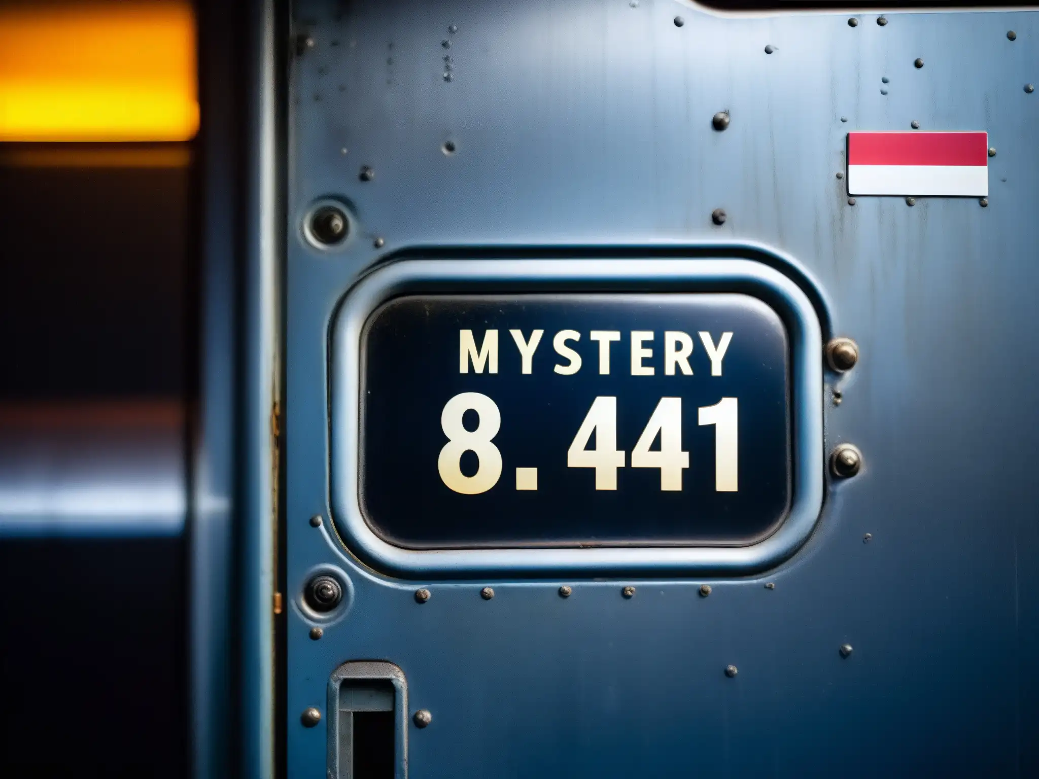 Detalle intrigante de la puerta desgastada de la cabina del vuelo 814, evocando misterio y suspenso