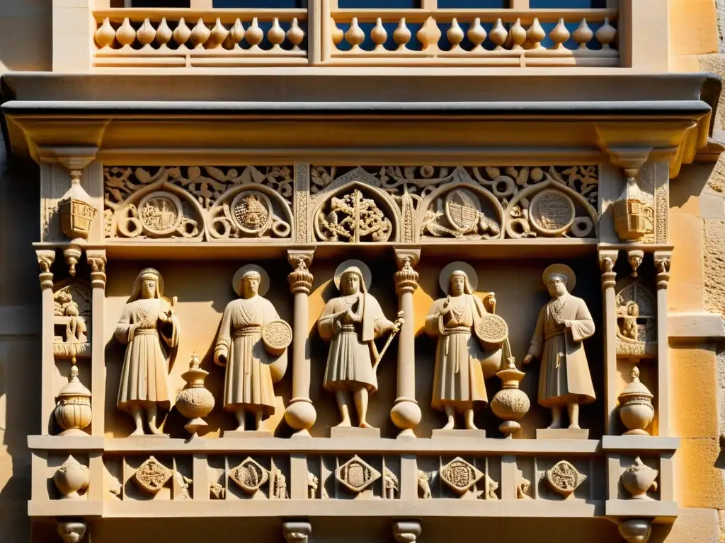 Detalle de las intrincadas e históricas tallas en piedra de la Cámara Santa de Oviedo, mostrando escenas religiosas y símbolos