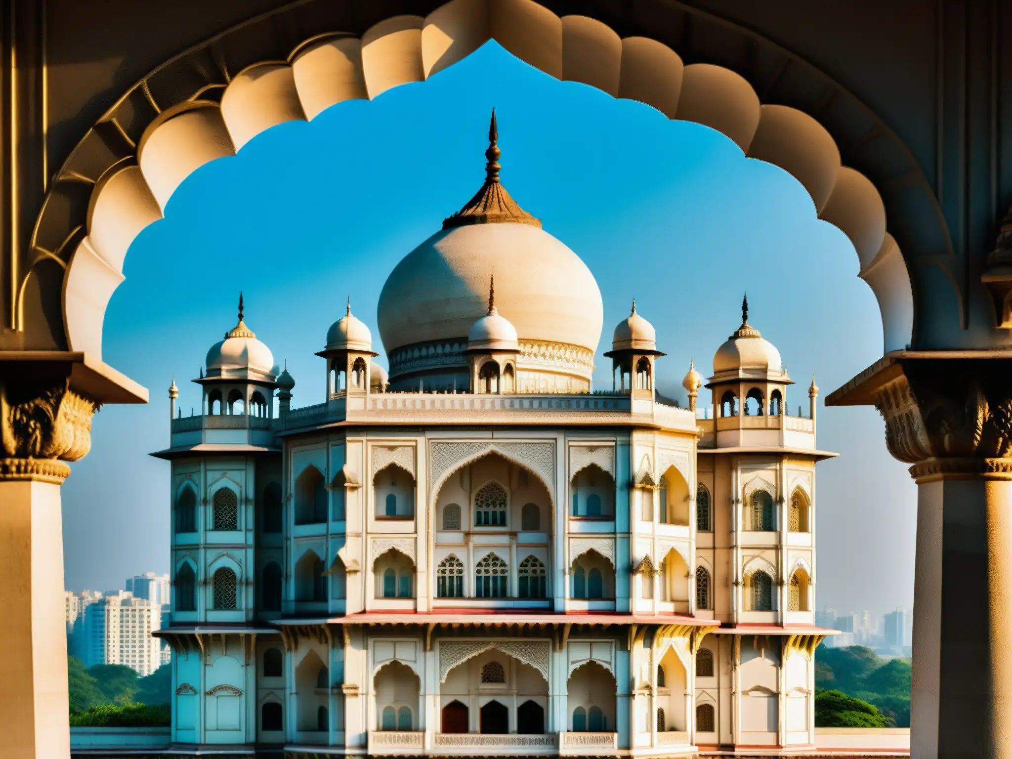 Detalle majestuoso del Taj Mahal Palace en Mumbai, con arcos, cúpulas y tallados, evocando misterio y apariciones hotel Taj Mahal Palace