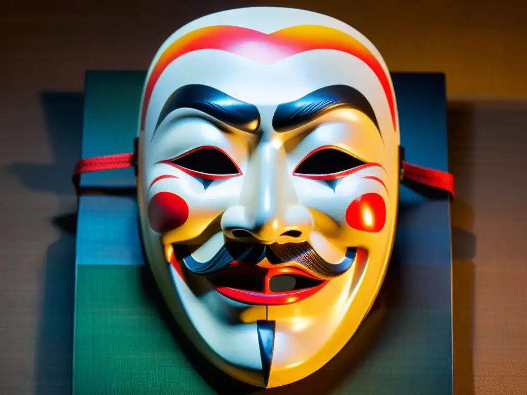 Detalle de máscara Noh japonesa con colores vibrantes y misteriosa atmósfera, reflejando la mitología de las AmeOnna