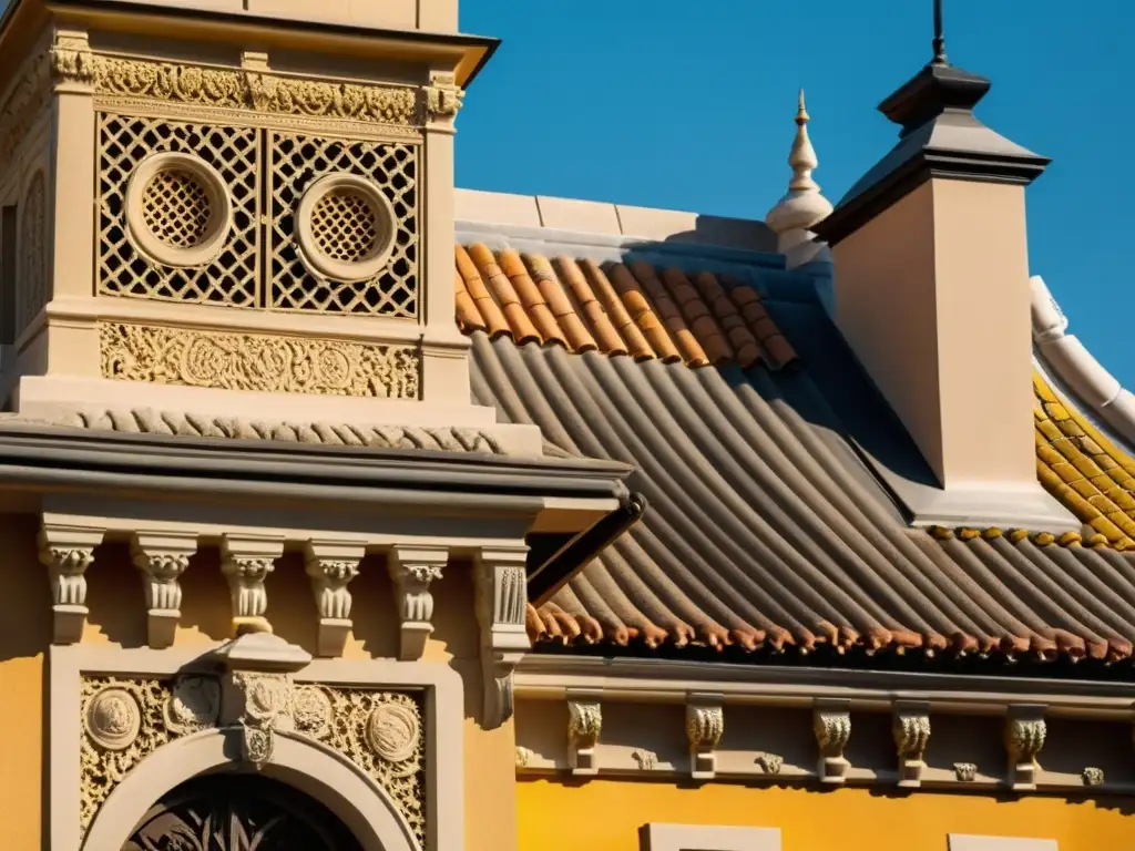 Detalle de las misteriosas siete chimeneas en la histórica Casa de las Siete Chimeneas en Madrid, mostrando la rica arquitectura en tonos dorados
