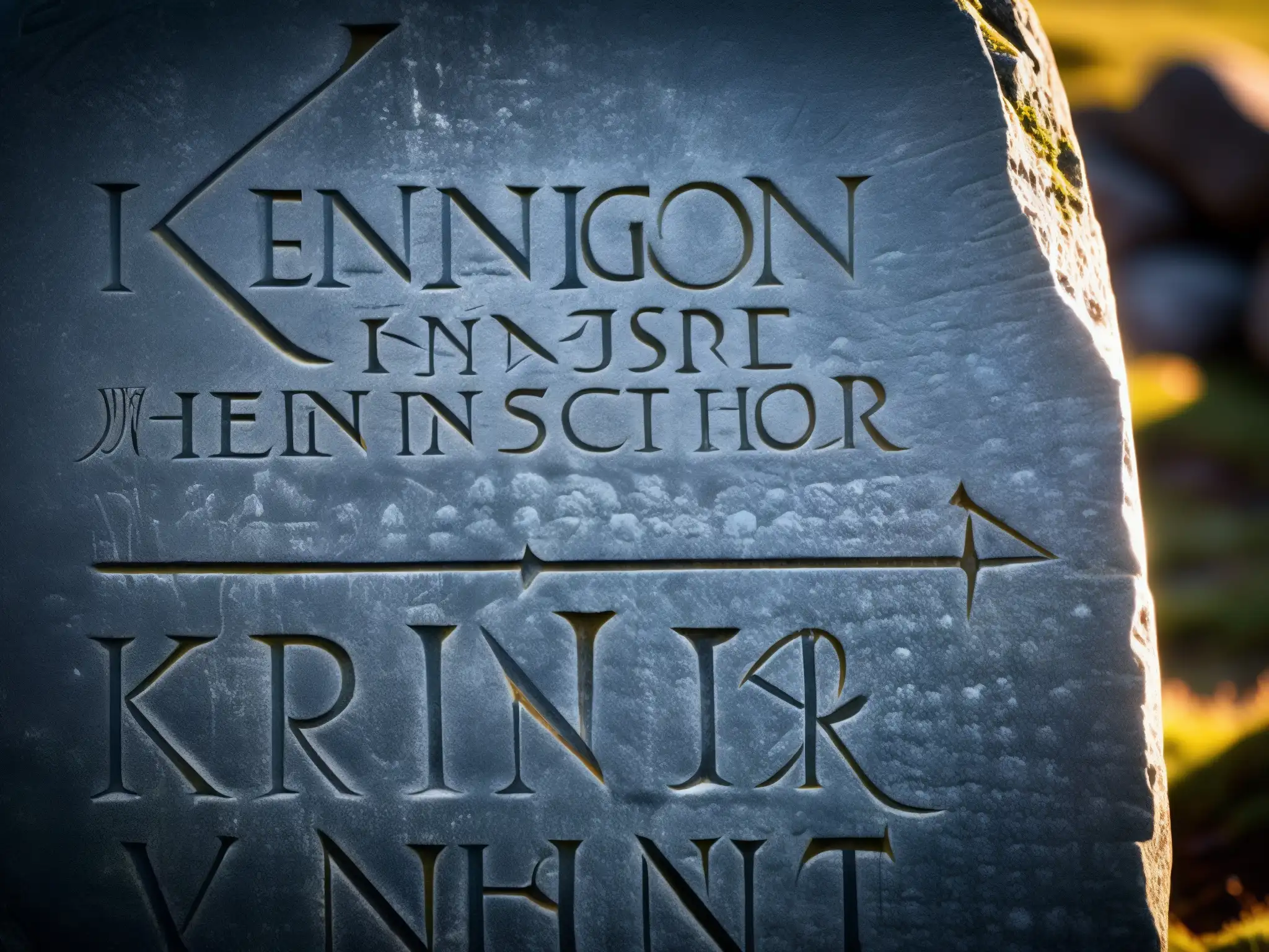 Detalle del misterioso Runestone de Kensington con inscripciones nórdicas, mostrando la textura y las sombras dramáticas
