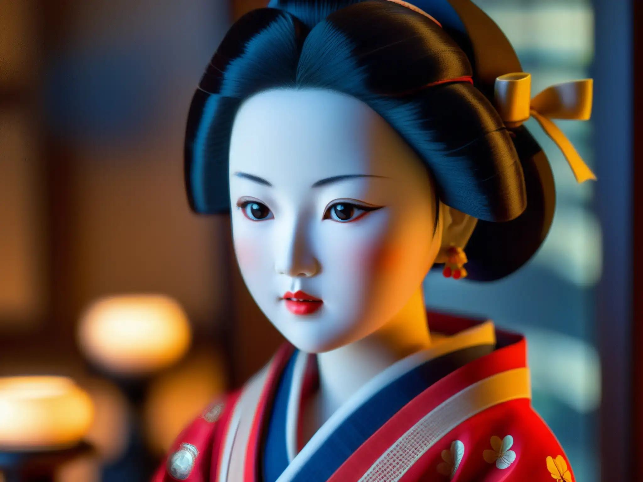 Detalle de la muñeca Okiku en un estilo documental japonés, resaltando su delicada vestimenta y misteriosa apariencia