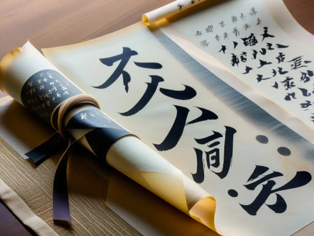 Detalle de un pergamino antiguo con caligrafía japonesa, revelando el enigma de Tomino en una poesía misteriosa