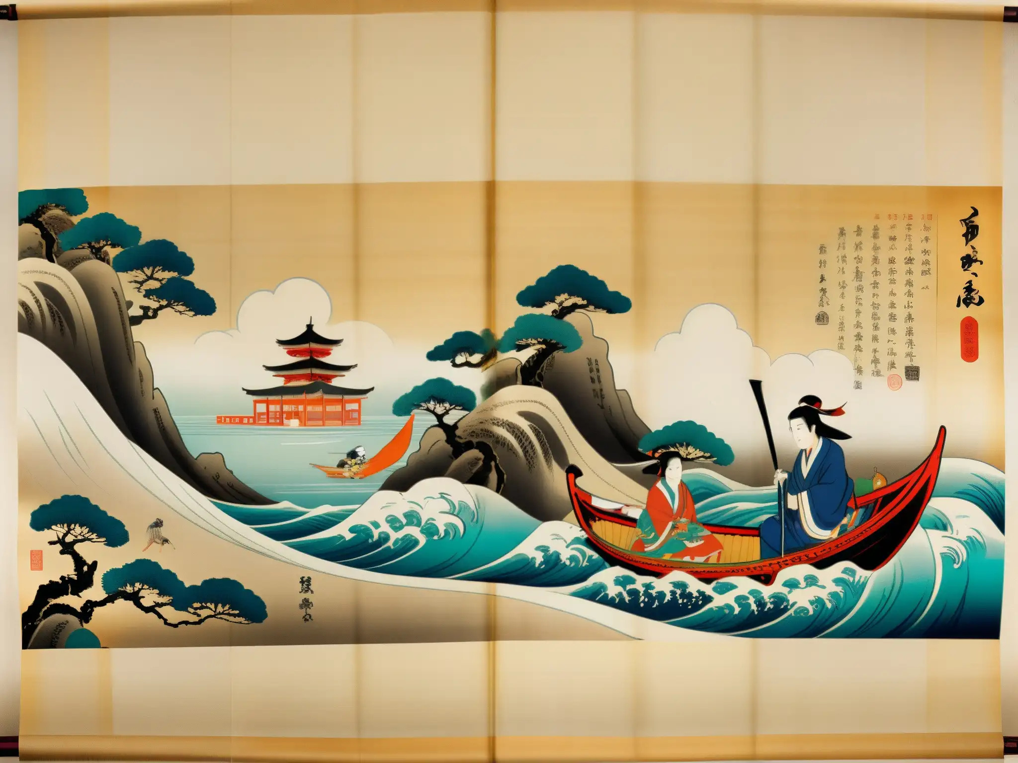 Detalle de pergamino japonés con leyendas urbanas preservadas digitalmente