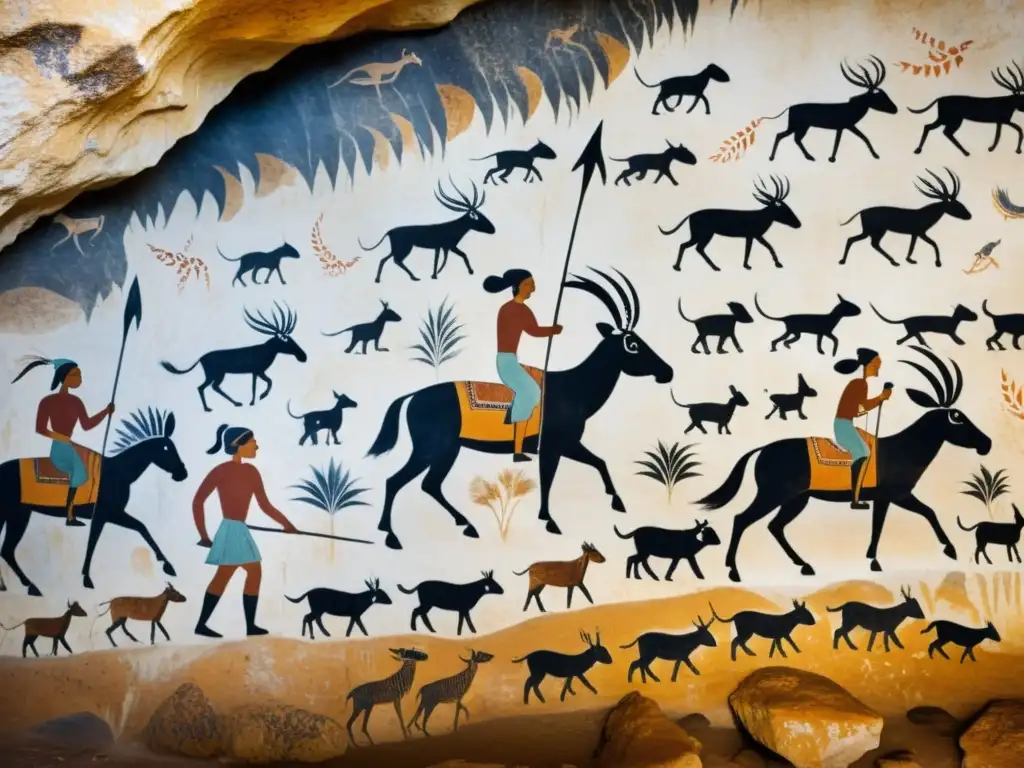 Detalle de pintura rupestre en la Cueva de la Pileta, Andalucía, capturando la esencia de la antigua leyenda prehistórica