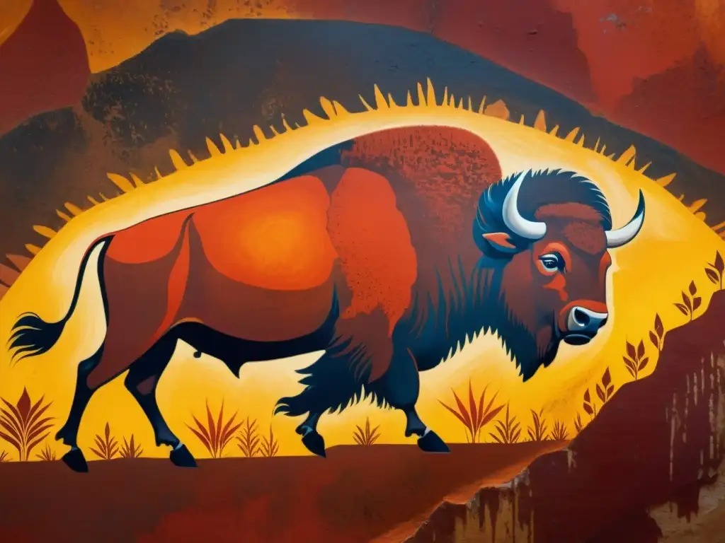 Detalle de las pinturas rupestres de búfalos en Altamira, con colores vibrantes y misteriosa atmósfera prehistórica