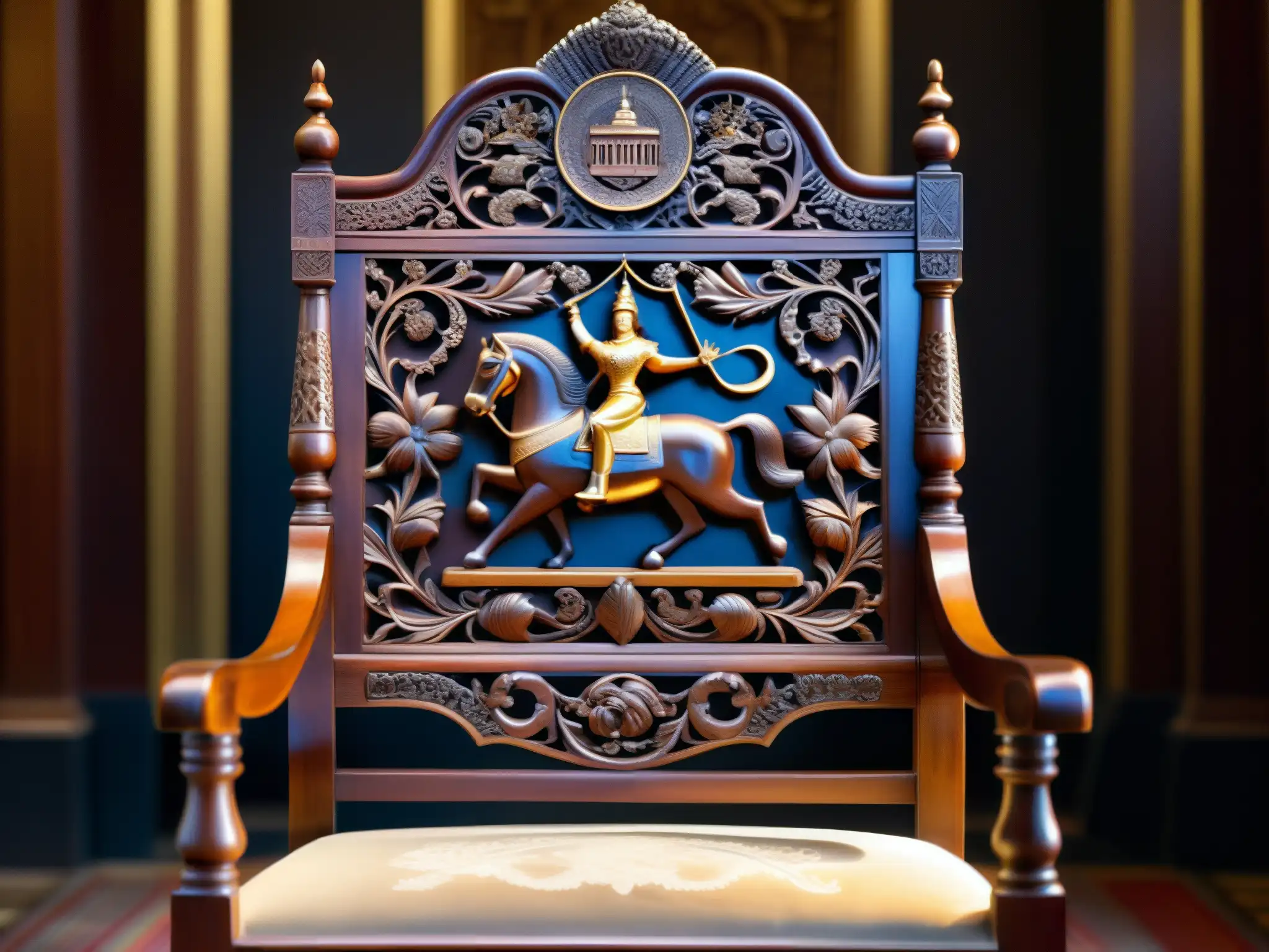 Detalle de la silla presidencial leyenda superstición, con tallados históricos y aura mística