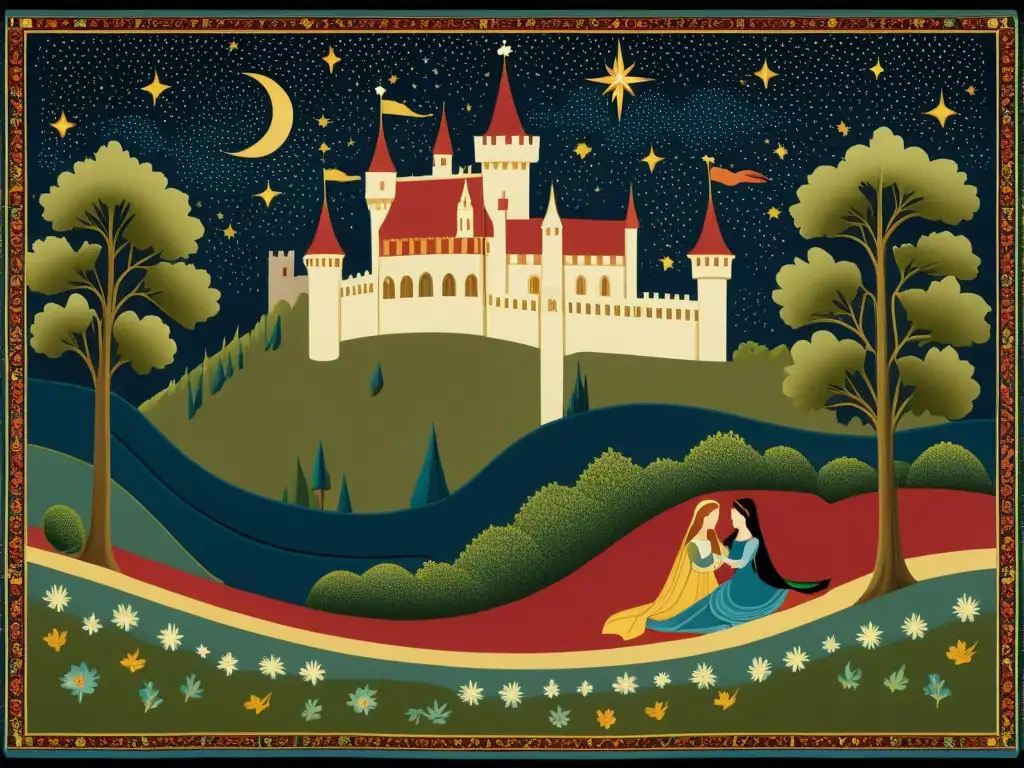 Detalle de una tapicería medieval que representa la Bella Durmiente en un paisaje encantado
