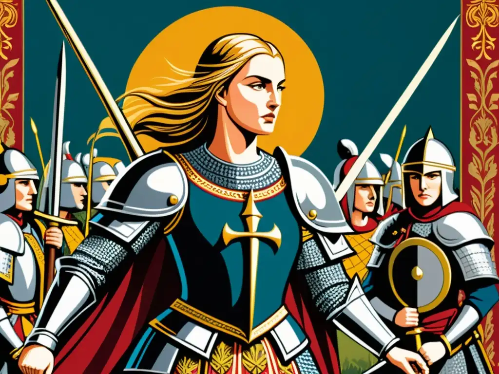 Detalle de una tapicería medieval que muestra a una feroz guerrera liderando un ejército con determinación y fuerza