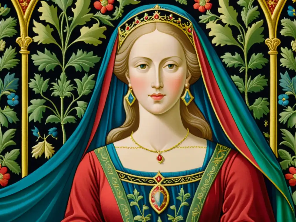Detalle de tapiz medieval de la dama velada leyenda Anjou, con bordados detallados y colores vibrantes que evocan romance y misterio