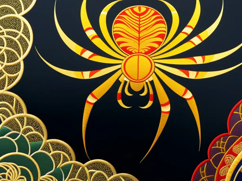 Detalle de textil japonés de seda con los espíritus araña Tsuchigumo, bordados dorados y colores vibrantes, destacando la intrincada artesanía