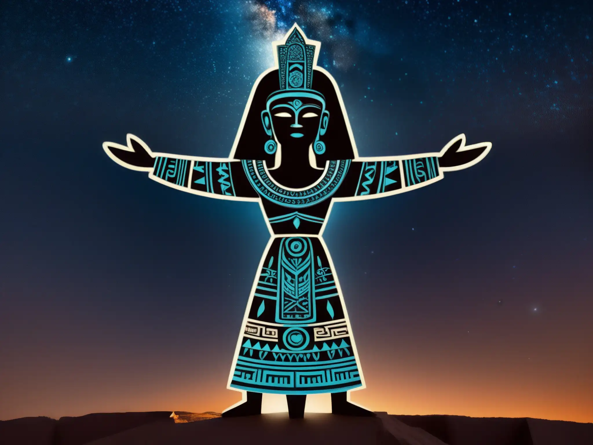 Detalle de ilustración del Tzitzimitl prehispánico en pose dramática, con diseño intrincado y fondo estrellado evocando la lucha contra la oscuridad