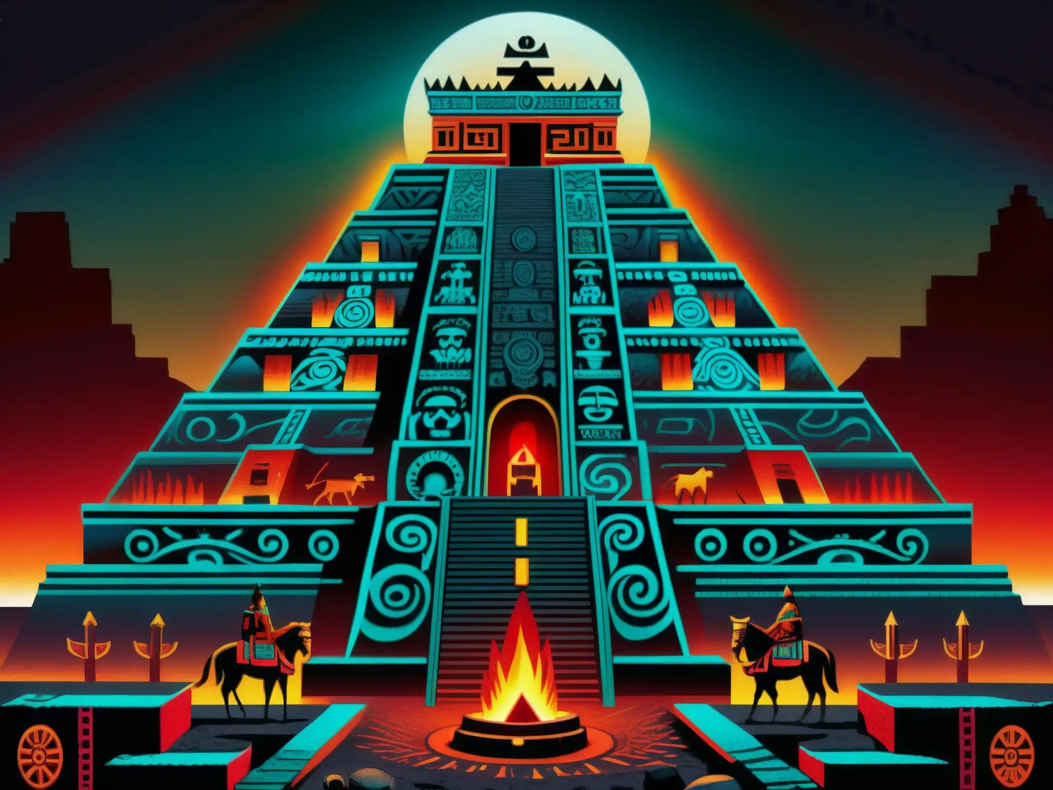 Detalle ultradetallado del Mictlán, el inframundo en la mitología azteca, con paisaje oscuro y místico