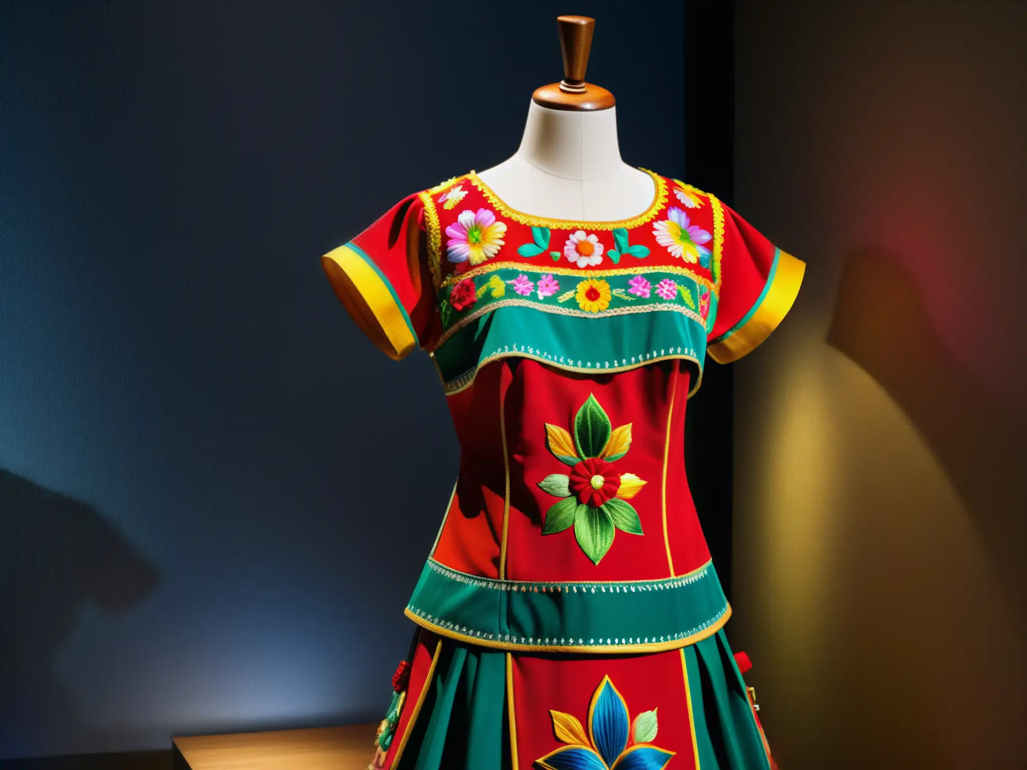 Detalle de vestido China Poblana en museo, resaltando origen y evolución de China Poblana con bordados e historia cultural