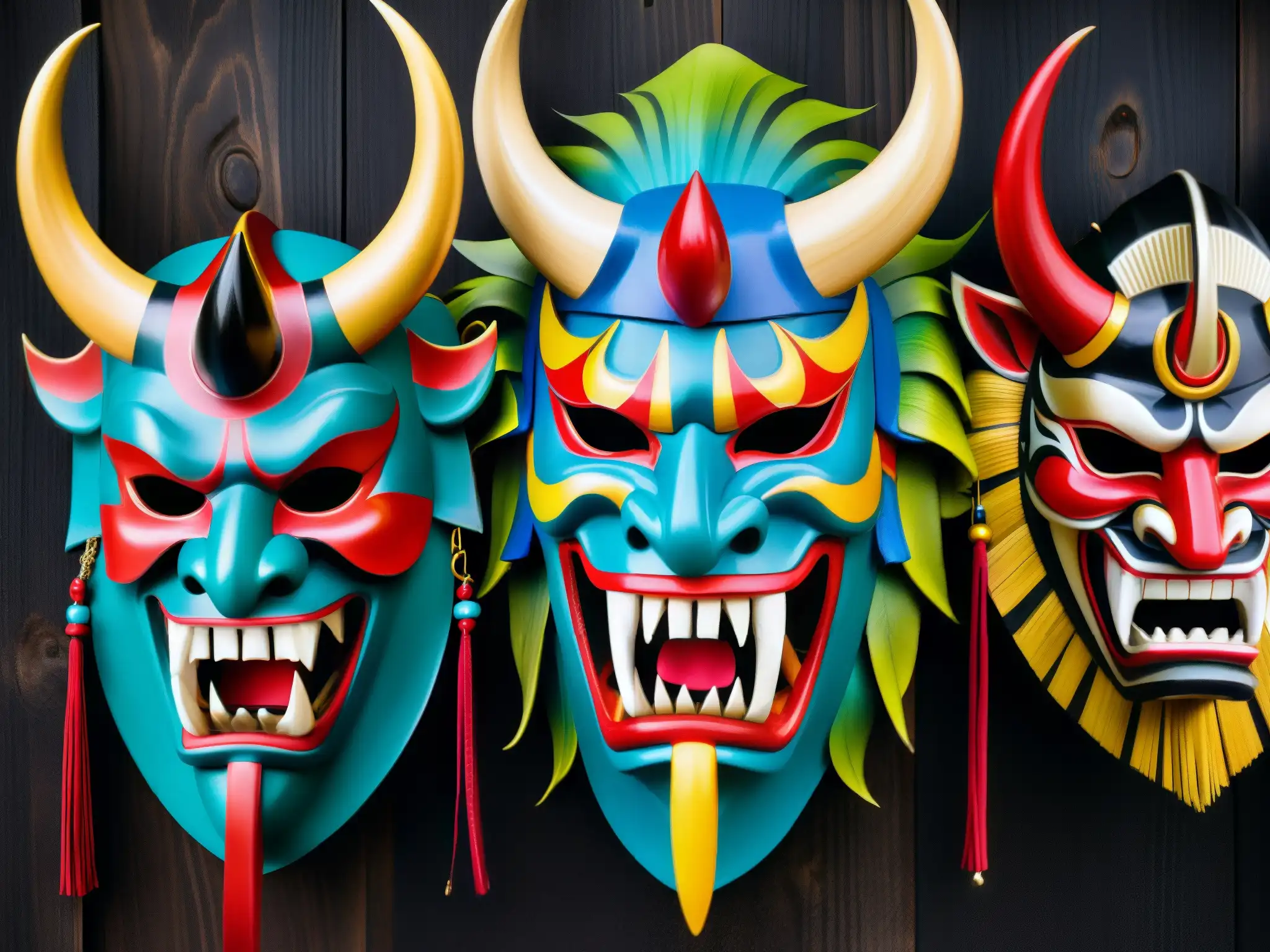 Detalle vibrante de máscaras de demonios Namahage, expresiones amenazadoras y colores intensos en fondo oscuro, evocando la leyenda de los Namahage demonios Año Nuevo