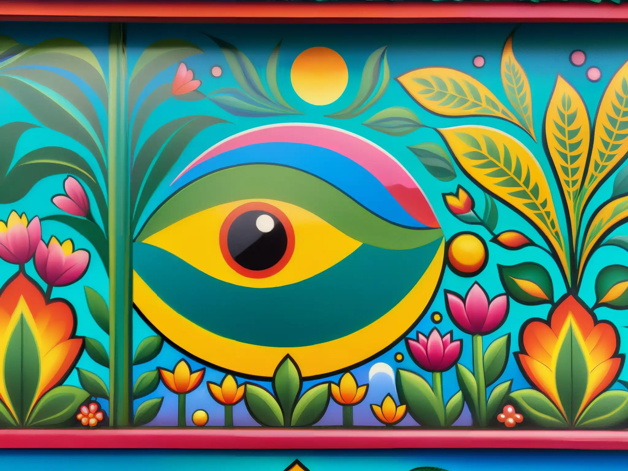 Detalle vibrante del mural de la mitología del ajolote en Xochimilco, con colores y símbolos indígenas