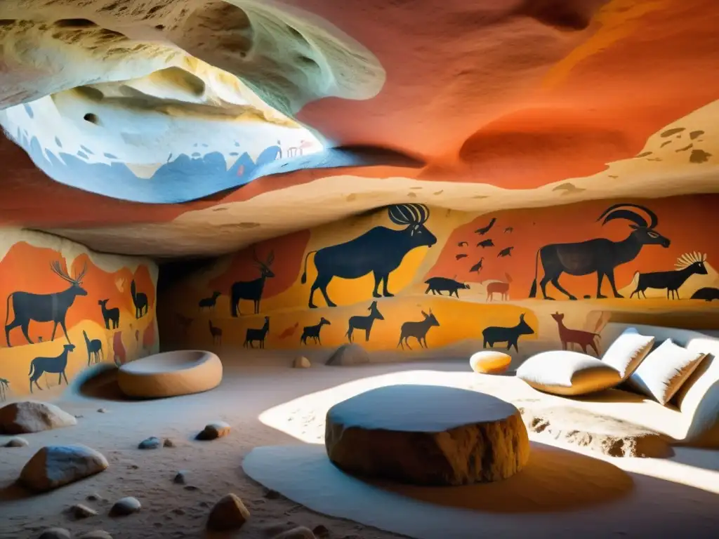 Detalle vibrante de las pinturas rupestres de la Cueva de la Pileta, con colores y formas que evocan la historia y cultura prehistórica