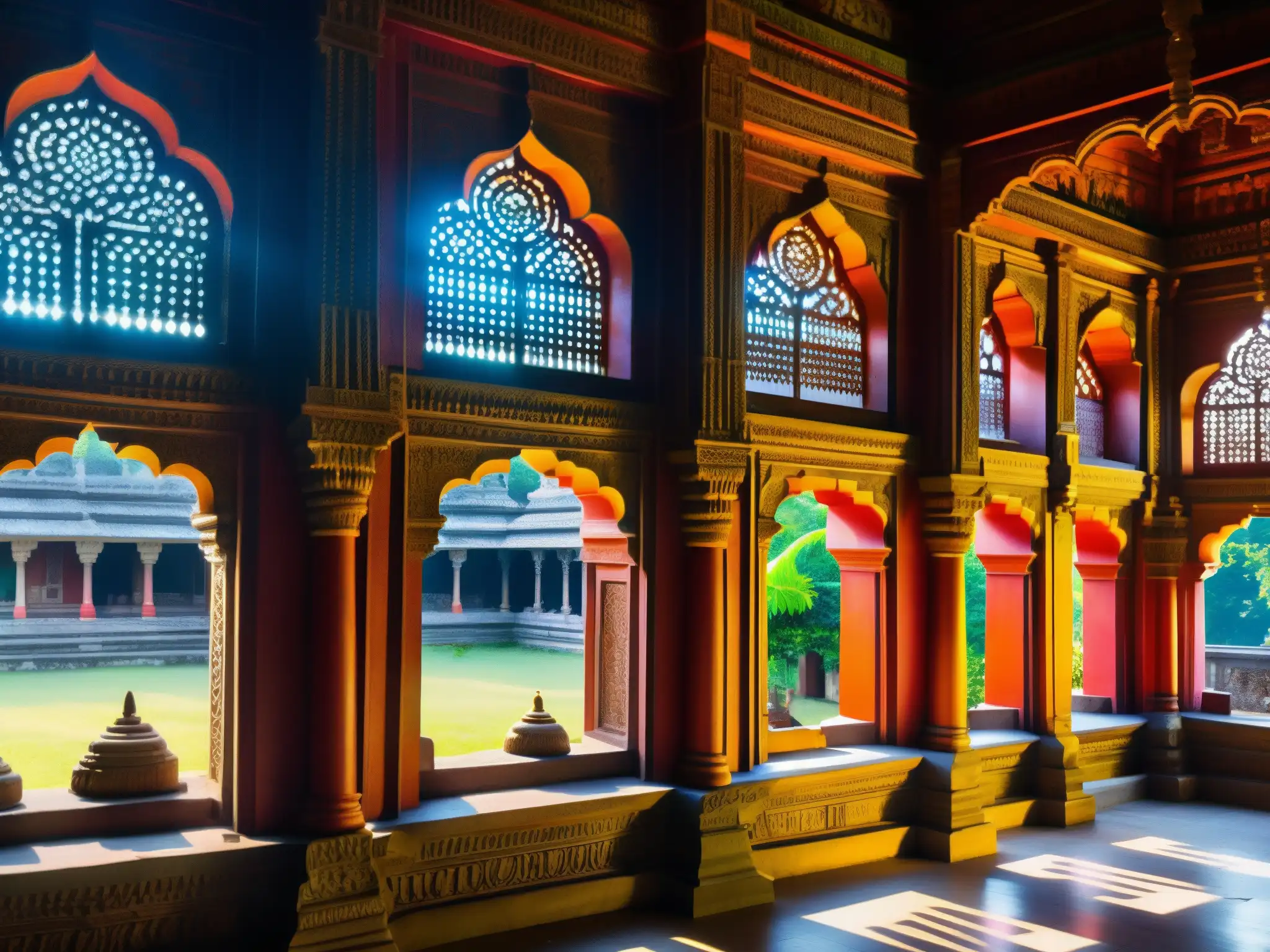 Detalles arquitectónicos del antiguo templo Mehendipur Balaji, con luz solar y visitantes, creando una atmósfera de Tragedia Novia Mehendipur Balaji