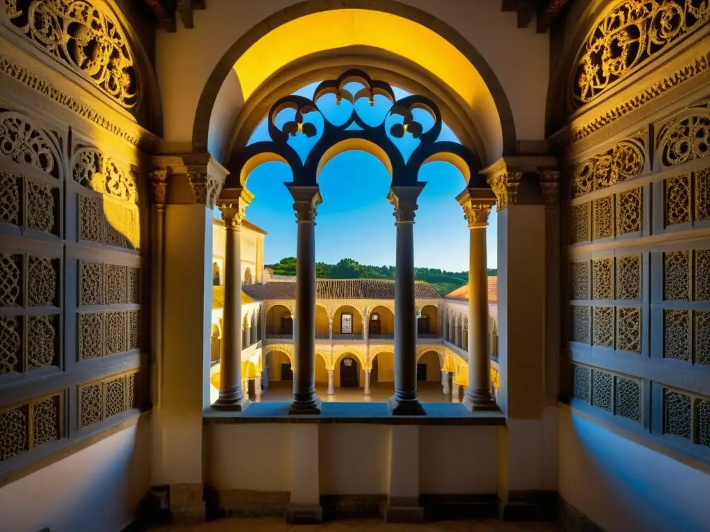 Detalles arquitectónicos manuelinos del Convento de Cristo en Tomar, Portugal, bañados por cálida luz solar, evocando misticismo y leyenda en Tomar