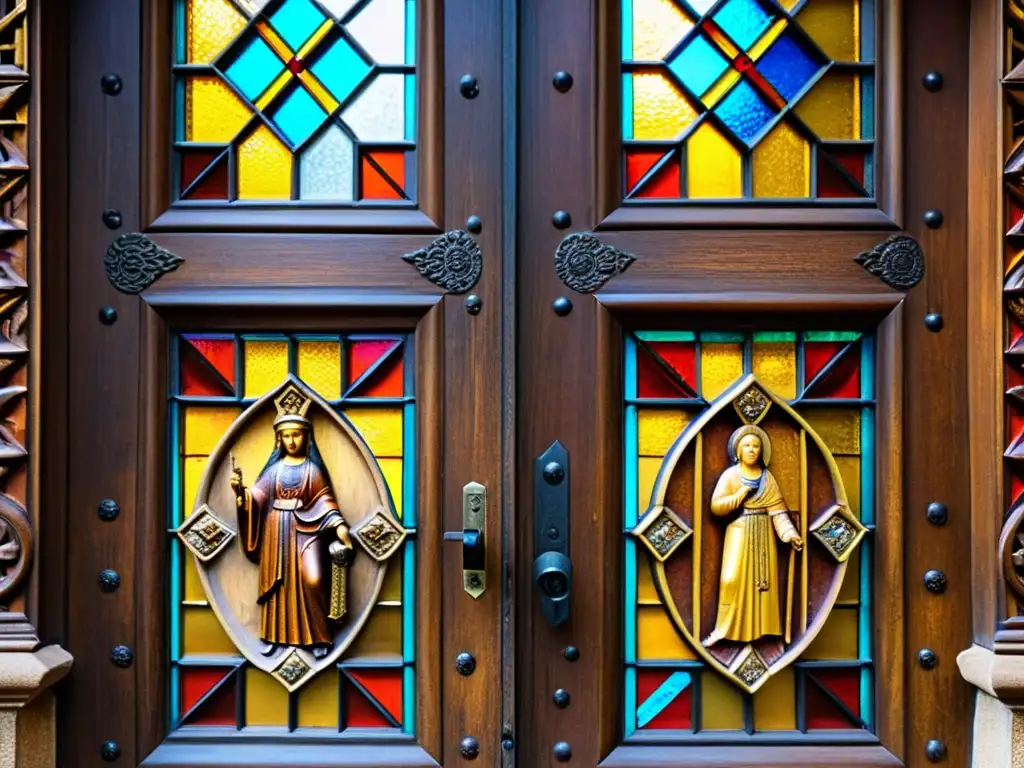 Detalles dorados de las legendarias puertas de madera de la Cámara Santa en Oviedo, con intrincadas tallas que cuentan siglos de historia y leyendas