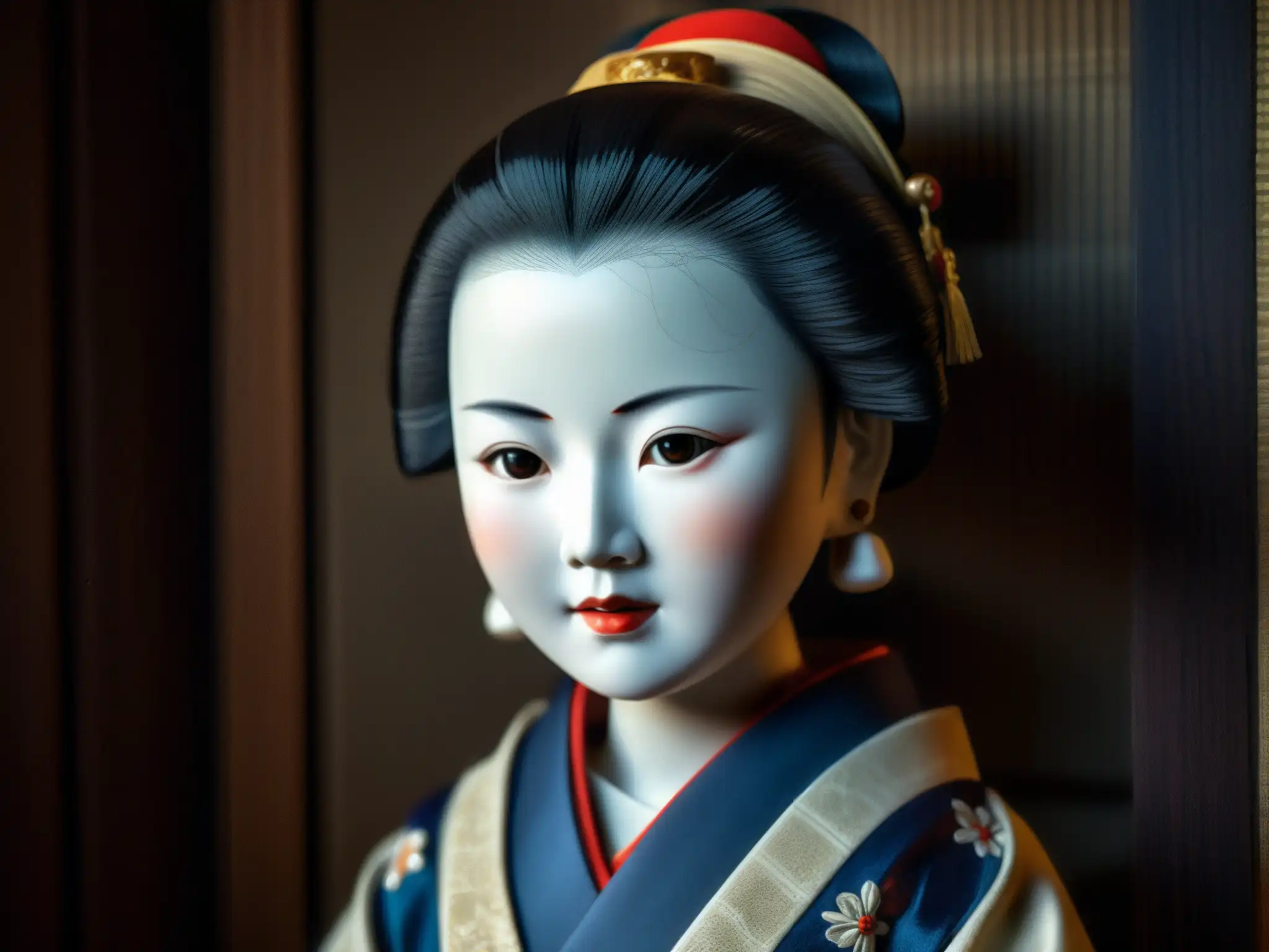Detalles fascinantes de la muñeca Okiku, con su rostro de porcelana, ropa tradicional y misteriosas grietas