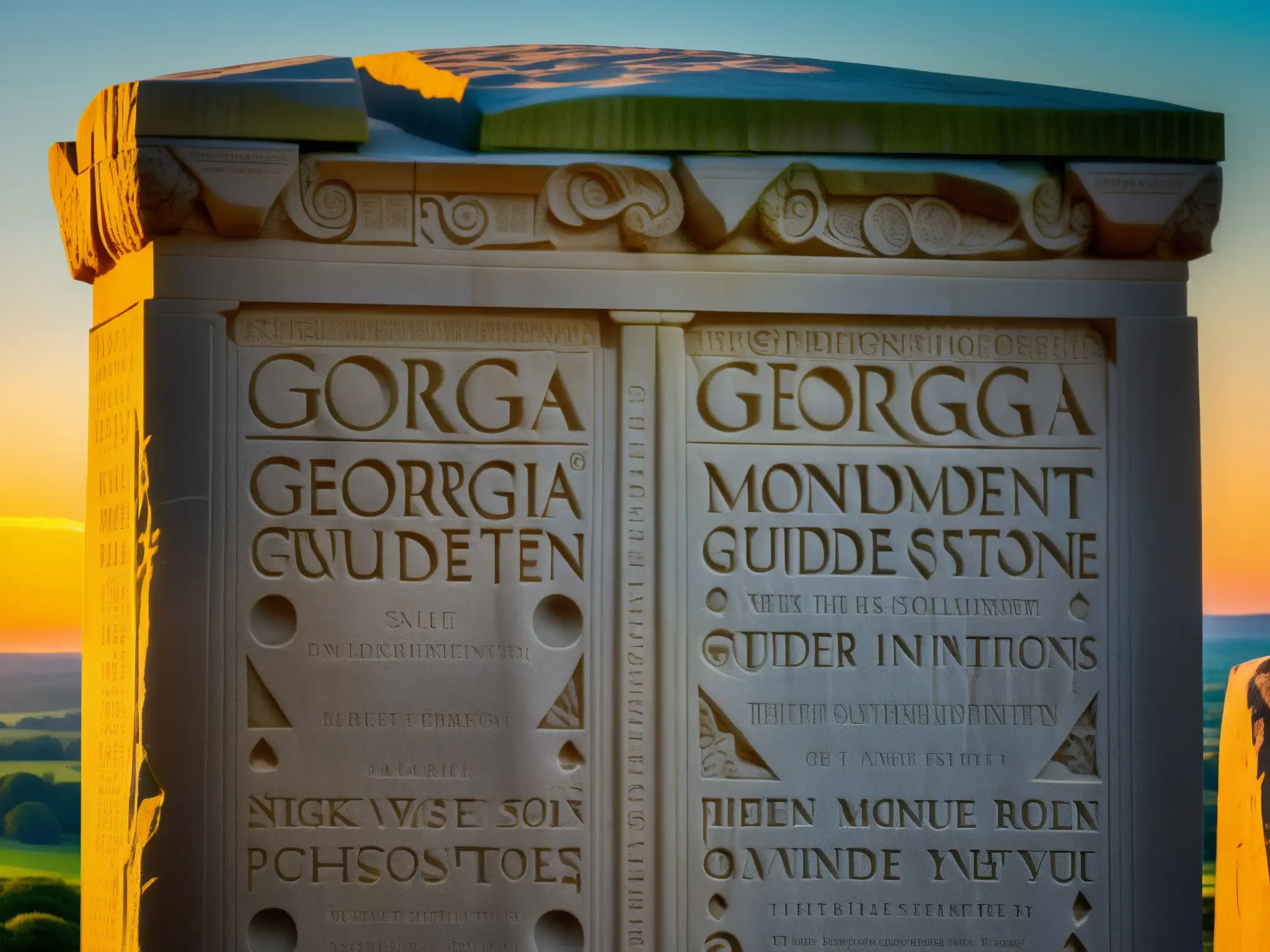 Detalles impresionantes de las inscripciones y grabados en las Georgia Guidestones, bañados por la cálida luz dorada del atardecer