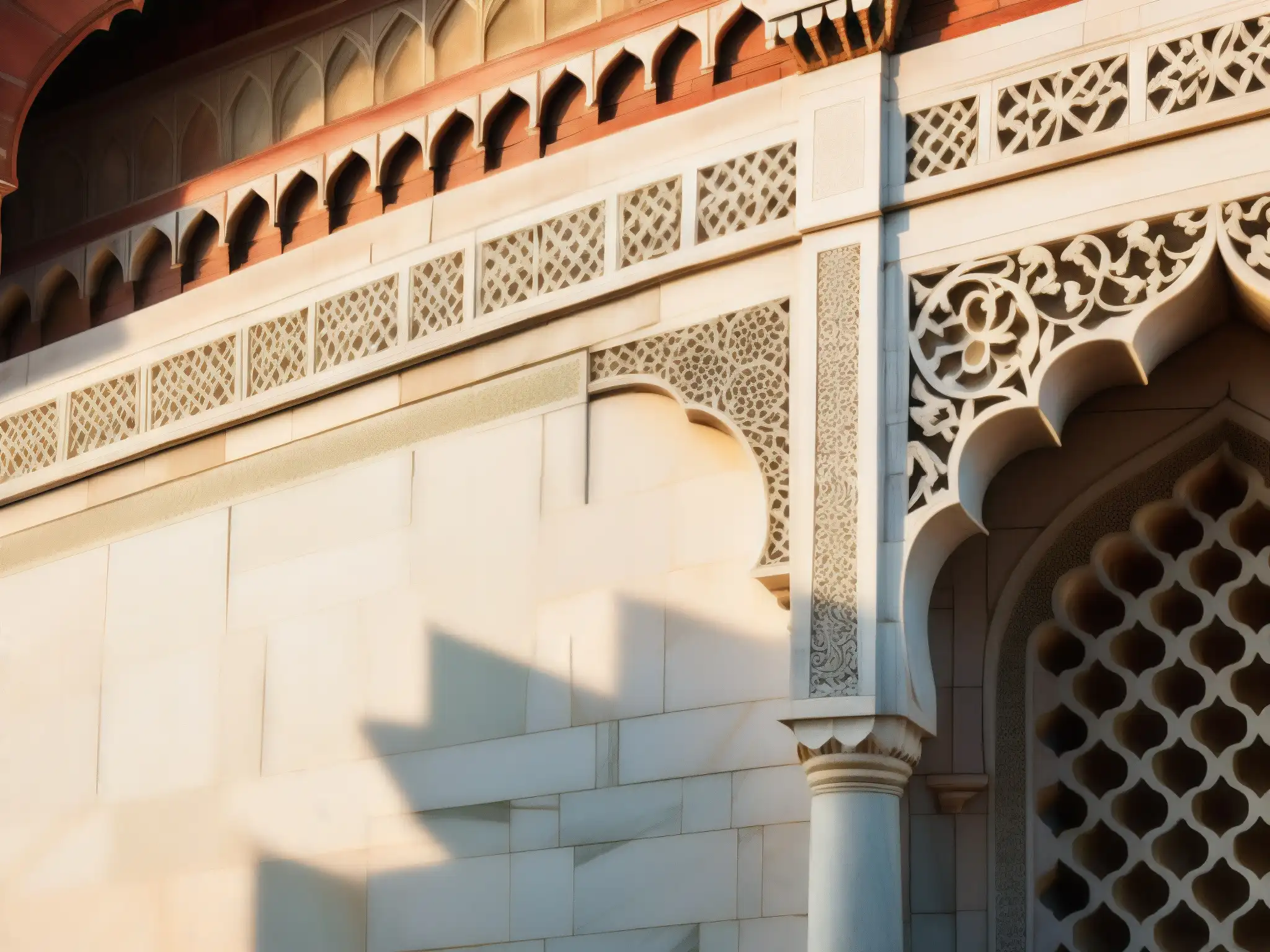 Detalles impresionantes de la Maldición del Taj Mahal leyenda, iluminados por la suave luz matutina, revelando su belleza atemporal
