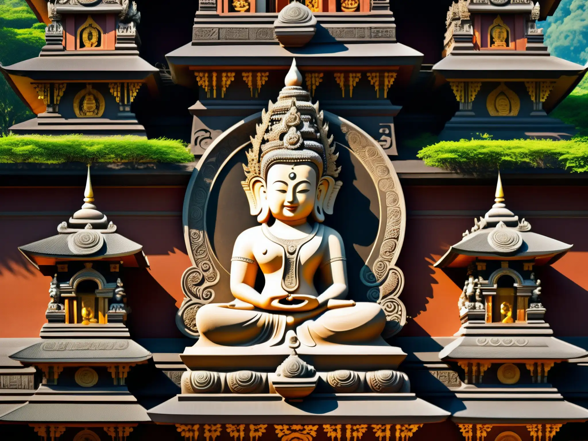 Detalles intrincados del templo Chinnamasta, con sombras dramáticas y atmósfera enigmática